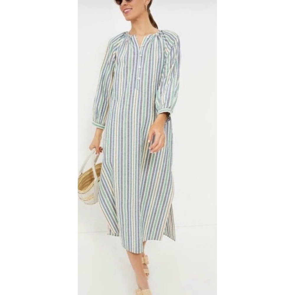 Pomander Place Heidi Zephyr Stripe Cotton Midi Dress XXL Coastal Boho Green Pink